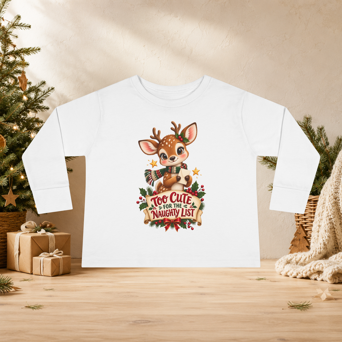 Unisex Toddler Long Sleeve Tee — “Too Cute for the Naughty List” Christmas Reindeer Shirt - Kids clothes - Image 2