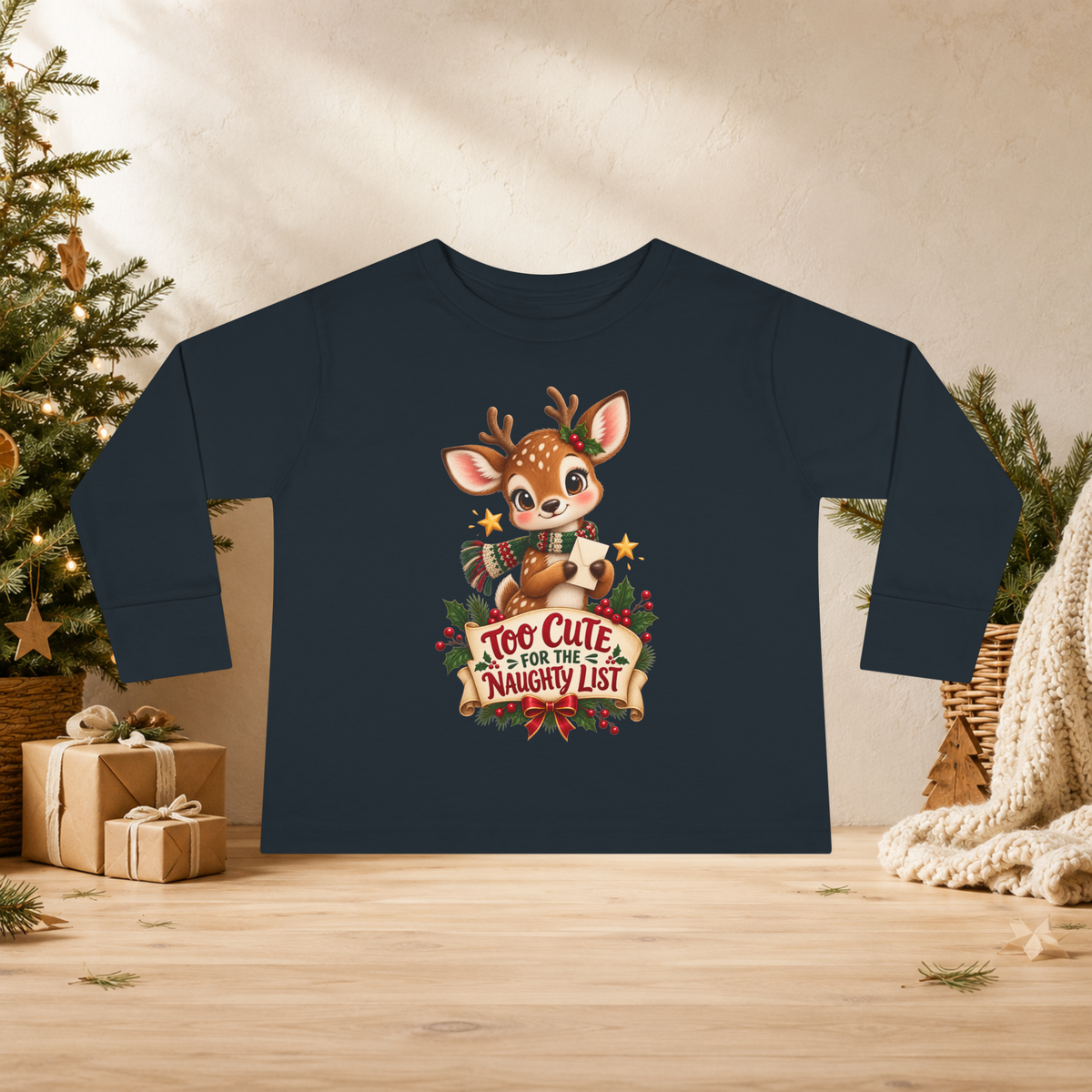 Unisex Toddler Long Sleeve Tee — “Too Cute for the Naughty List” Christmas Reindeer Shirt - Kids clothes - Image 6