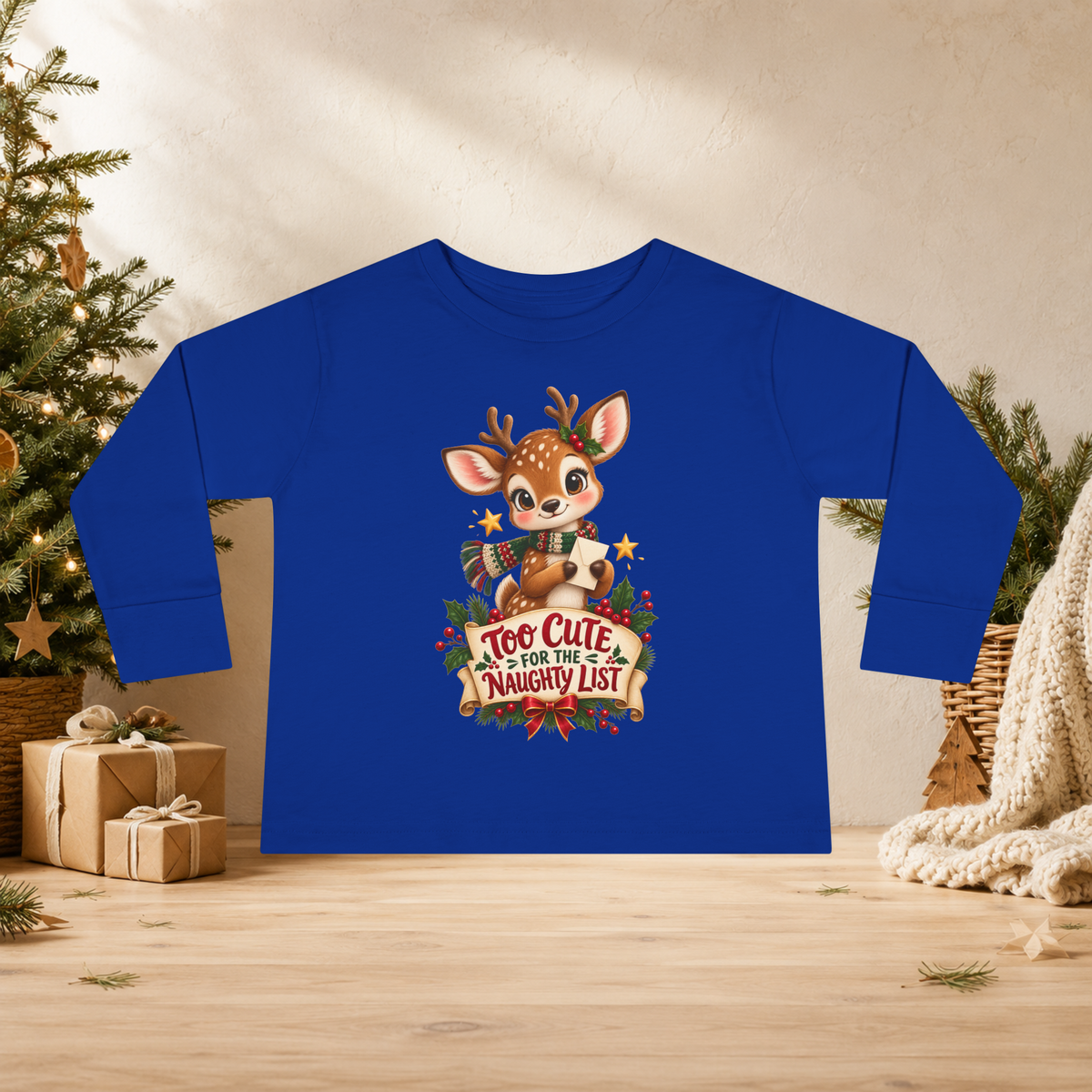 Unisex Toddler Long Sleeve Tee — “Too Cute for the Naughty List” Christmas Reindeer Shirt - Kids clothes - Image 5