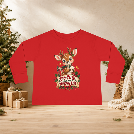 Unisex Toddler Long Sleeve Tee — “Too Cute for the Naughty List” Christmas Reindeer Shirt - Kids clothes - Image 1