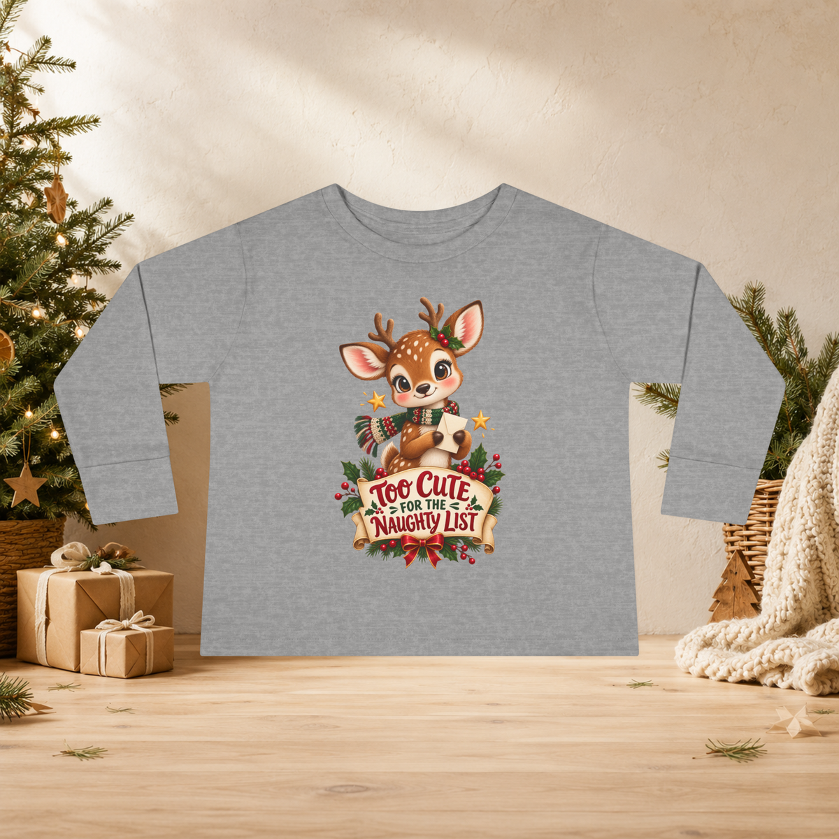 Unisex Toddler Long Sleeve Tee — “Too Cute for the Naughty List” Christmas Reindeer Shirt - Kids clothes - Image 3