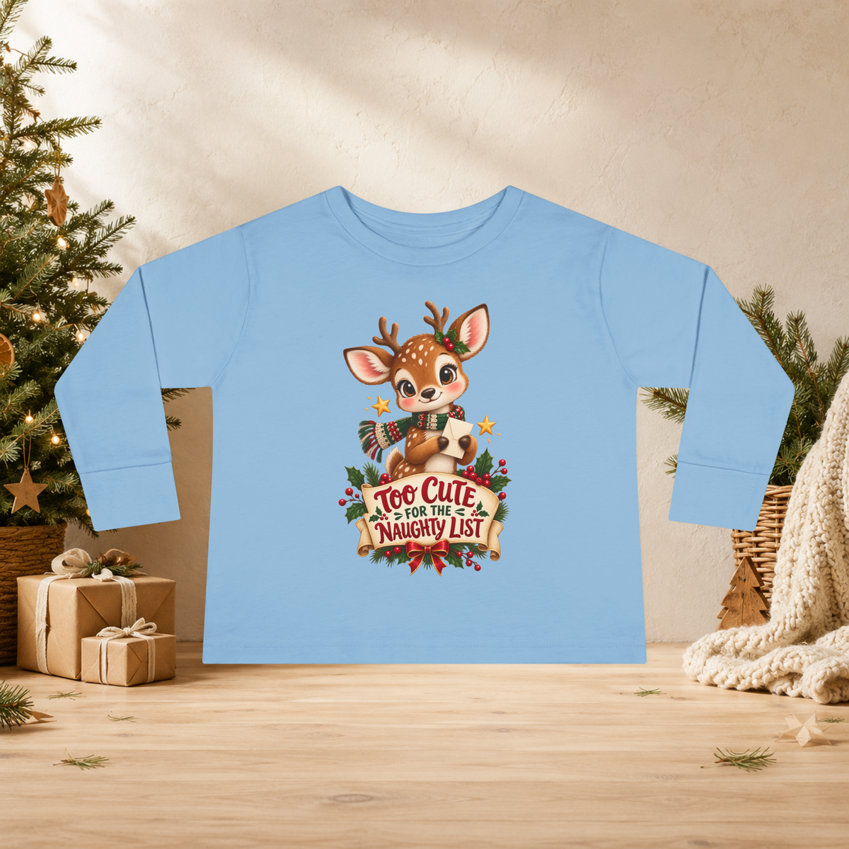 Unisex Toddler Long Sleeve Tee — “Too Cute for the Naughty List” Christmas Reindeer Shirt - Kids clothes - Image 4