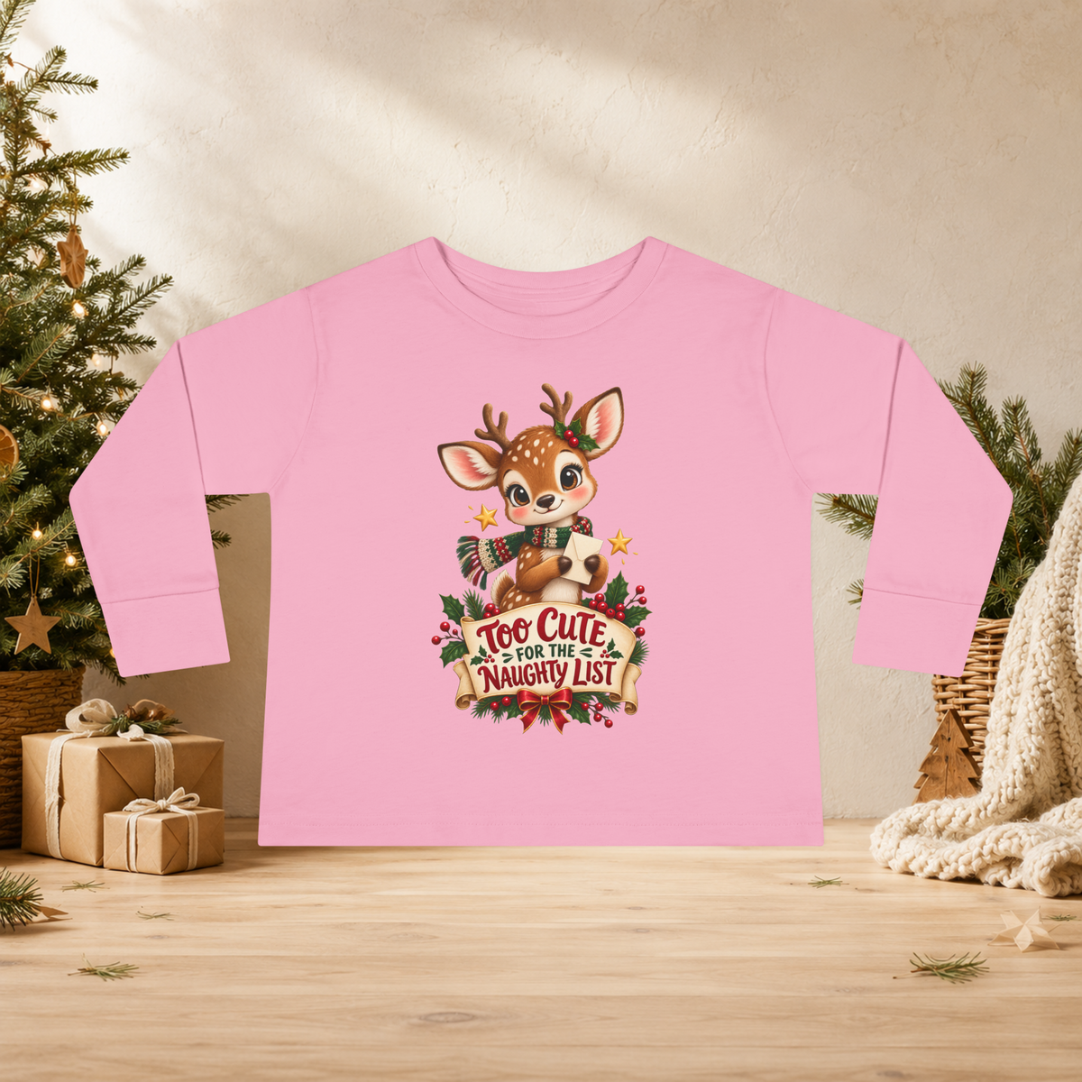 Unisex Toddler Long Sleeve Tee — “Too Cute for the Naughty List” Christmas Reindeer Shirt - Kids clothes - Image 8