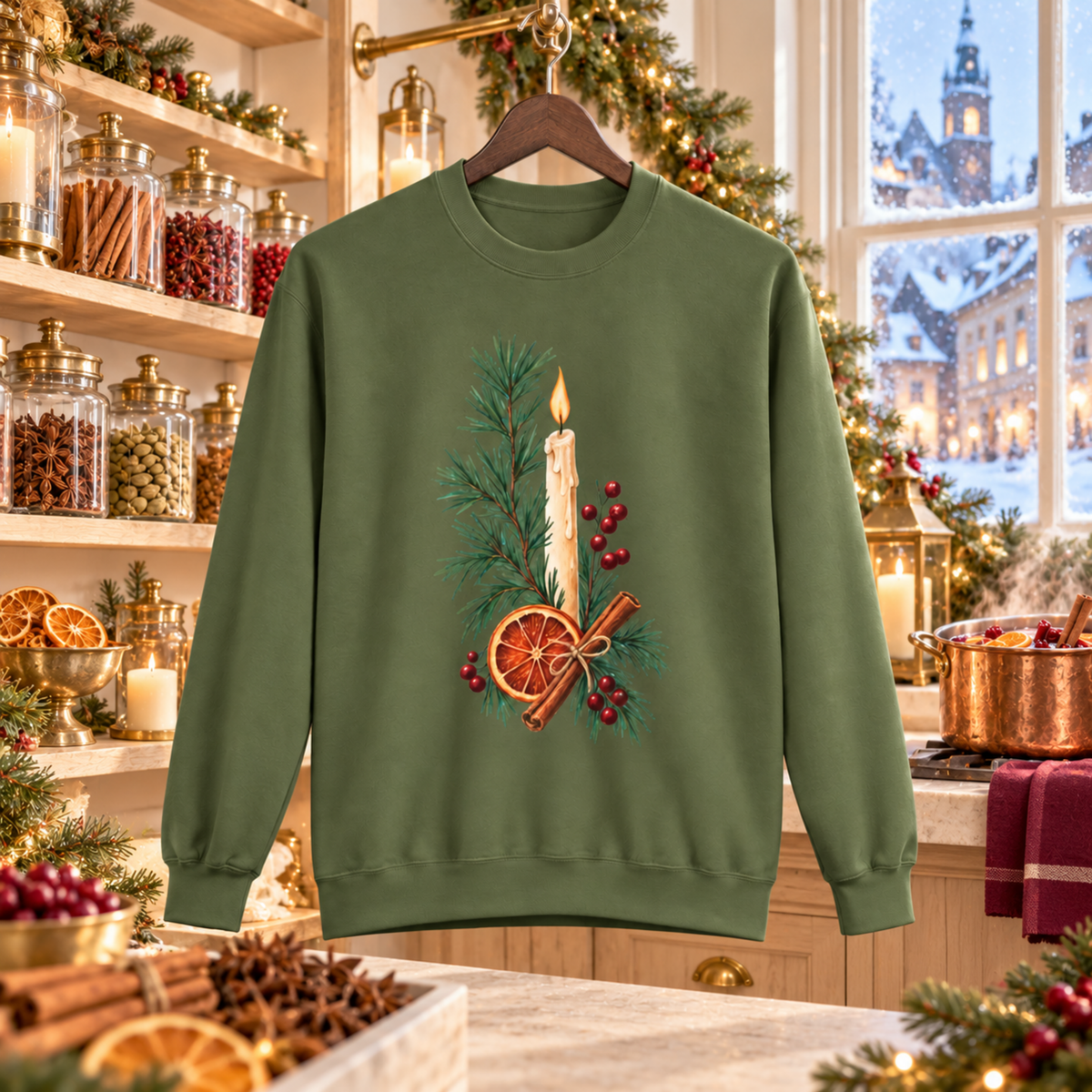Christmas Candle & Orange Crewneck Sweatshirt - Festive Pine, Dried Citrus & Cinnamon Holiday Design - Sweatshirt - Image 1