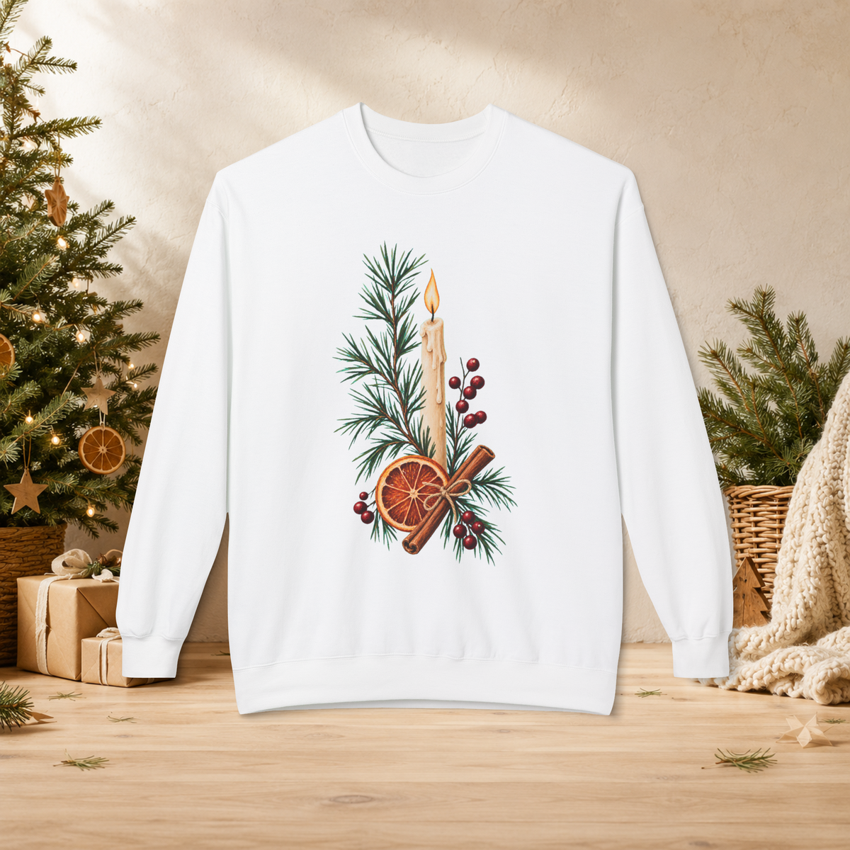 Christmas Candle & Orange Crewneck Sweatshirt - Festive Pine, Dried Citrus & Cinnamon Holiday Design - Sweatshirt - Image 2