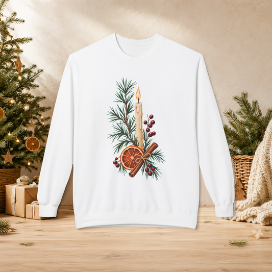 Christmas Candle & Orange Crewneck Sweatshirt - Festive Pine, Dried Citrus & Cinnamon Holiday Design - Sweatshirt - Image 2