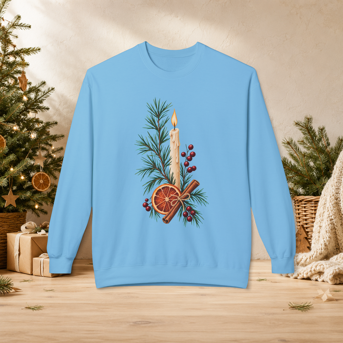 Christmas Candle & Orange Crewneck Sweatshirt - Festive Pine, Dried Citrus & Cinnamon Holiday Design - Sweatshirt - Image 5