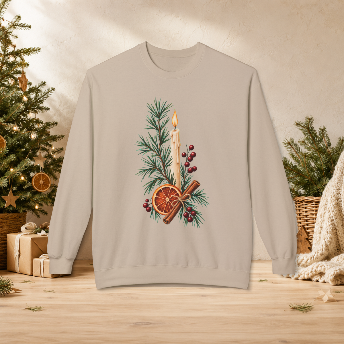 Christmas Candle & Orange Crewneck Sweatshirt - Festive Pine, Dried Citrus & Cinnamon Holiday Design - Sweatshirt - Image 4