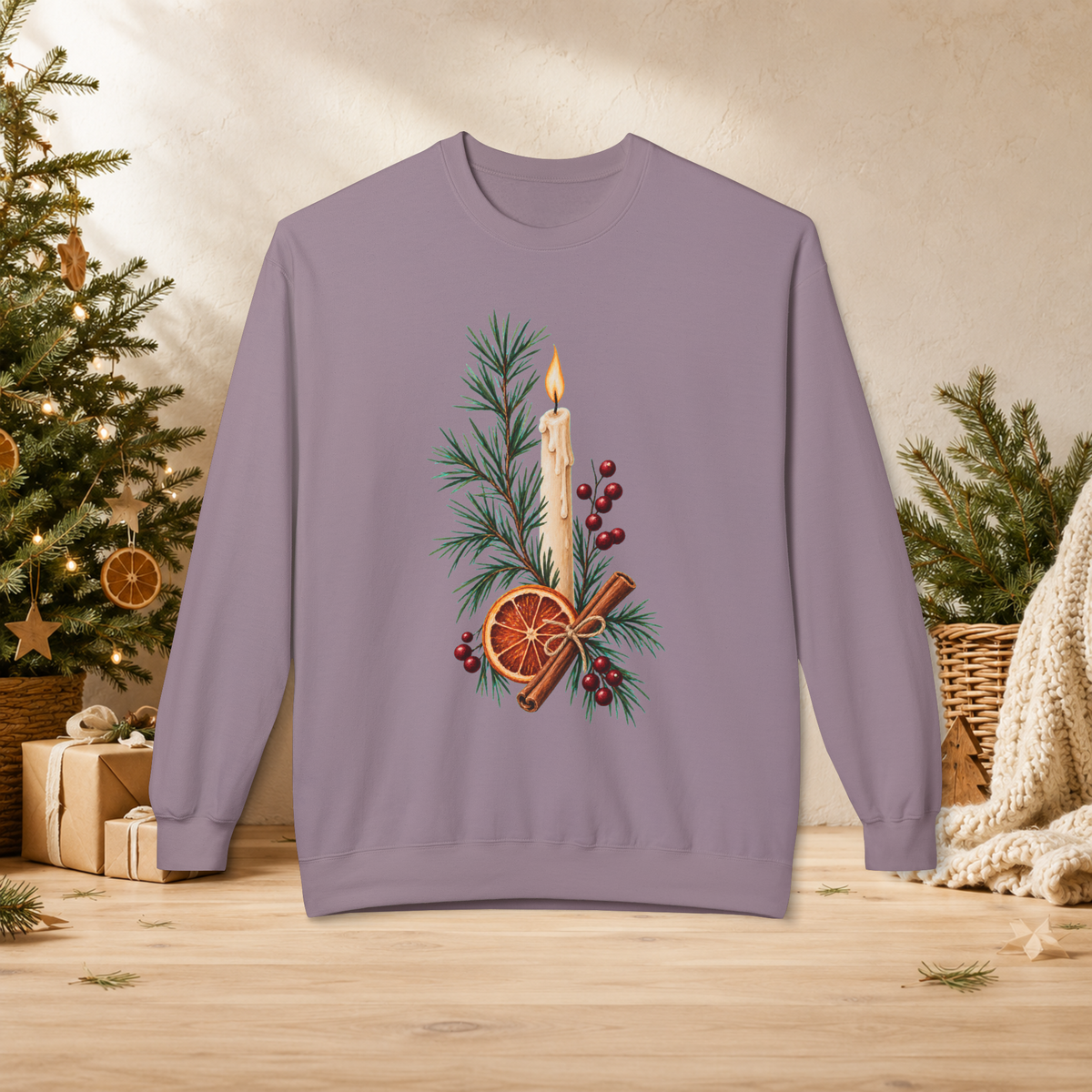 Christmas Candle & Orange Crewneck Sweatshirt - Festive Pine, Dried Citrus & Cinnamon Holiday Design - Sweatshirt - Image 8