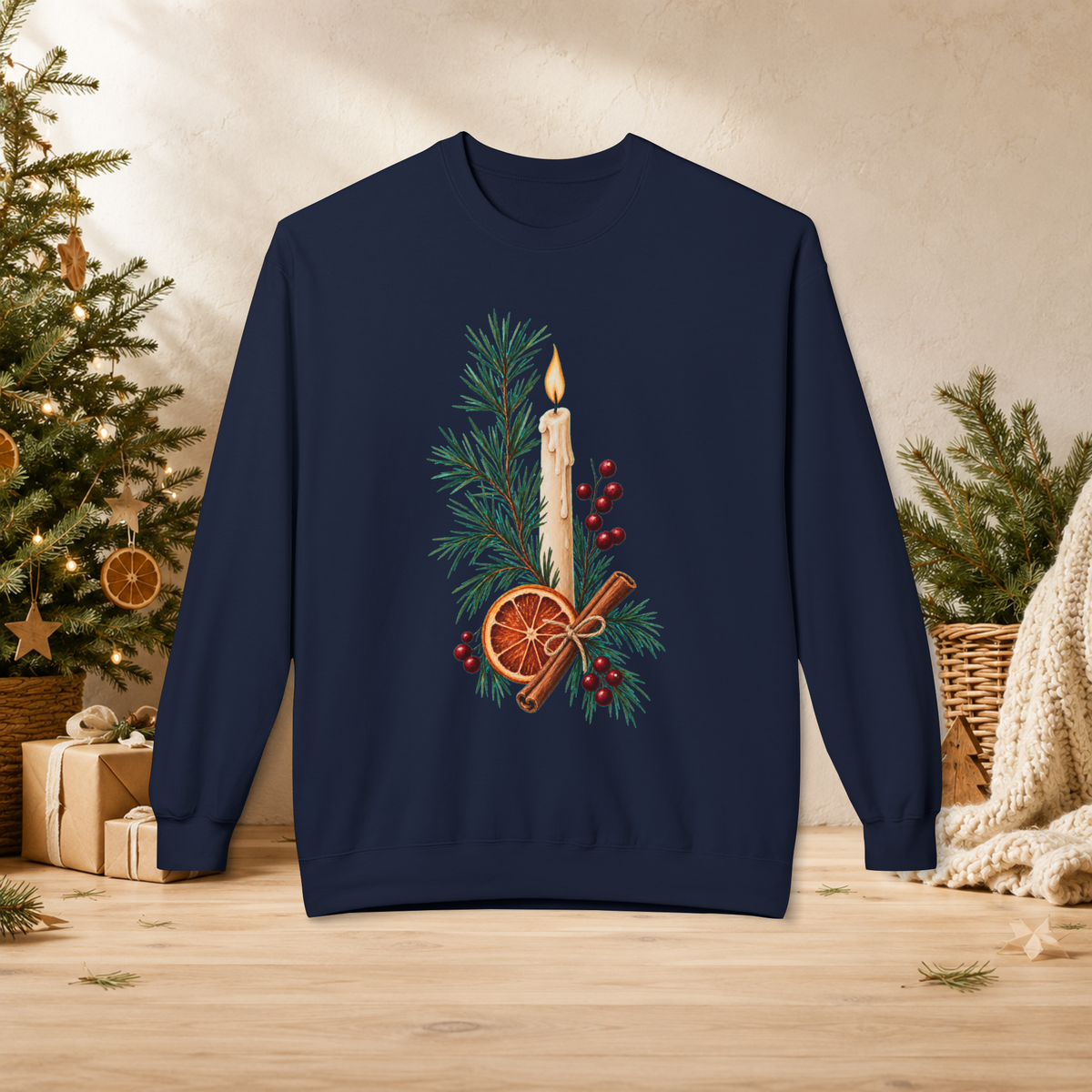 Christmas Candle & Orange Crewneck Sweatshirt - Festive Pine, Dried Citrus & Cinnamon Holiday Design - Sweatshirt - Image 7