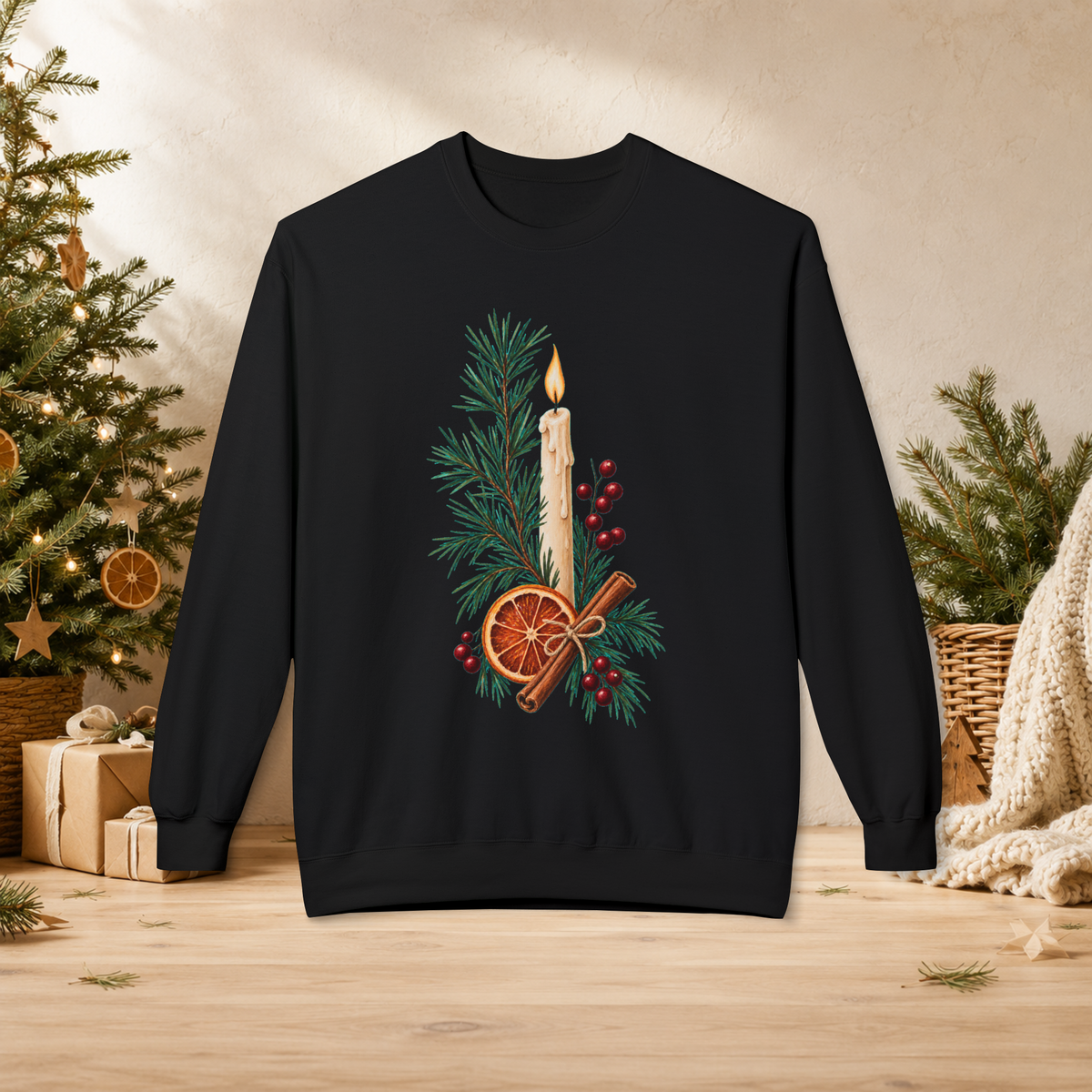 Christmas Candle & Orange Crewneck Sweatshirt - Festive Pine, Dried Citrus & Cinnamon Holiday Design - Sweatshirt - Image 3
