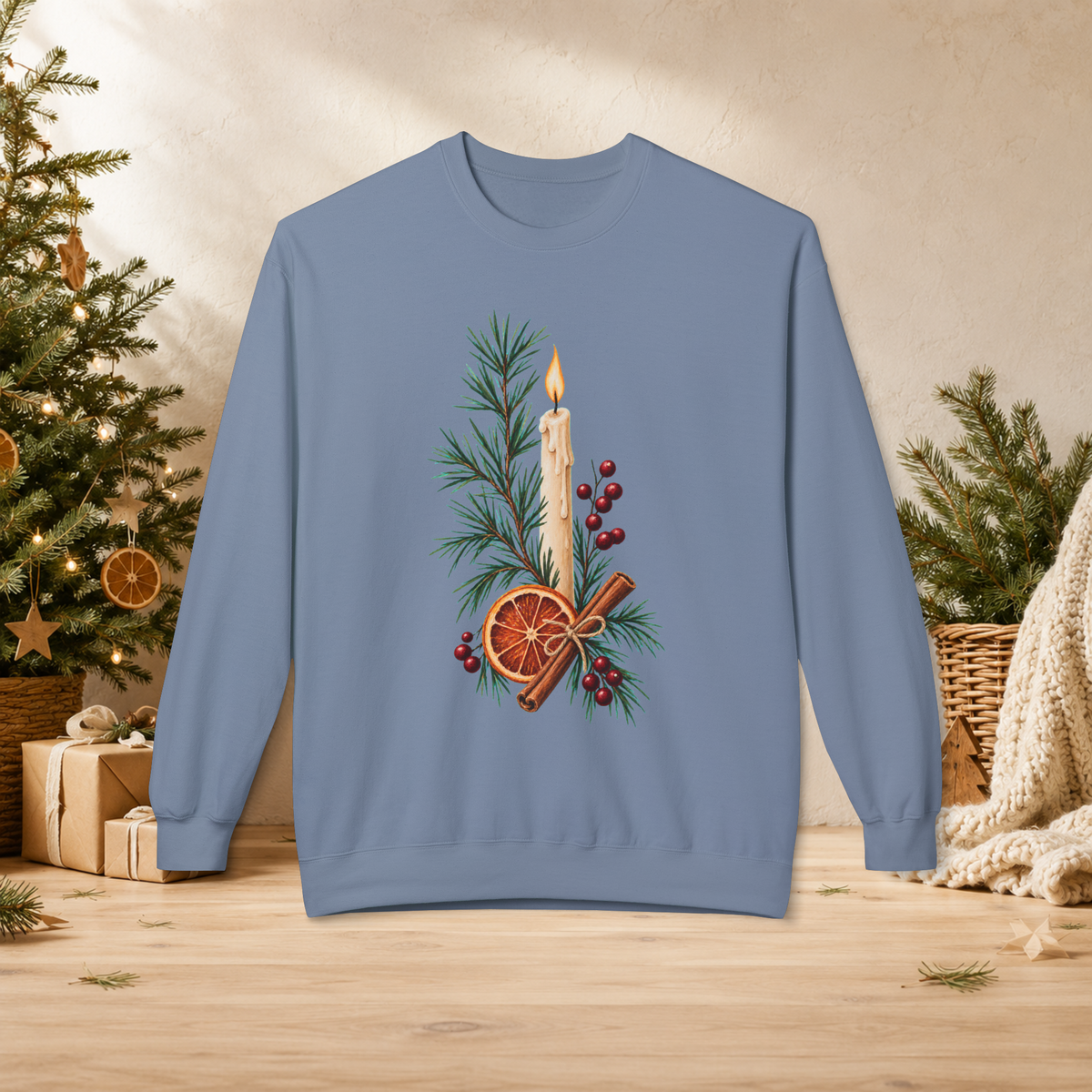 Christmas Candle & Orange Crewneck Sweatshirt - Festive Pine, Dried Citrus & Cinnamon Holiday Design - Sweatshirt - Image 6