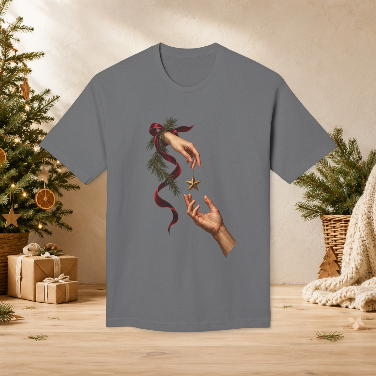 Unisex Adult Christmas Gift Hands T-Shirt – Star Ornament Holiday Graphic Tee - T-Shirt - Image 2