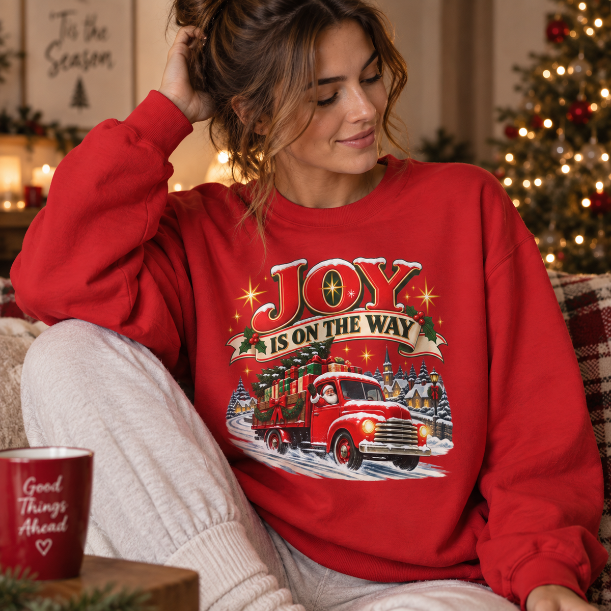 Adult Unisex Sweatshirt Joy Is On The Way Christmas — Vintage Red Truck Holiday Crewneck - Sweatshirt - Image 1