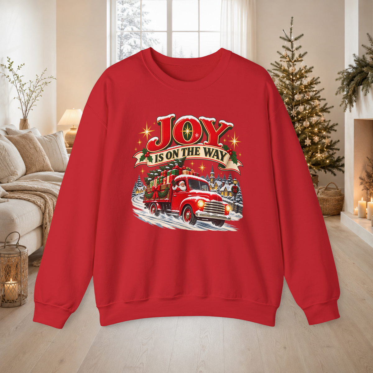 Adult Unisex Sweatshirt Joy Is On The Way Christmas — Vintage Red Truck Holiday Crewneck - Sweatshirt - Image 9