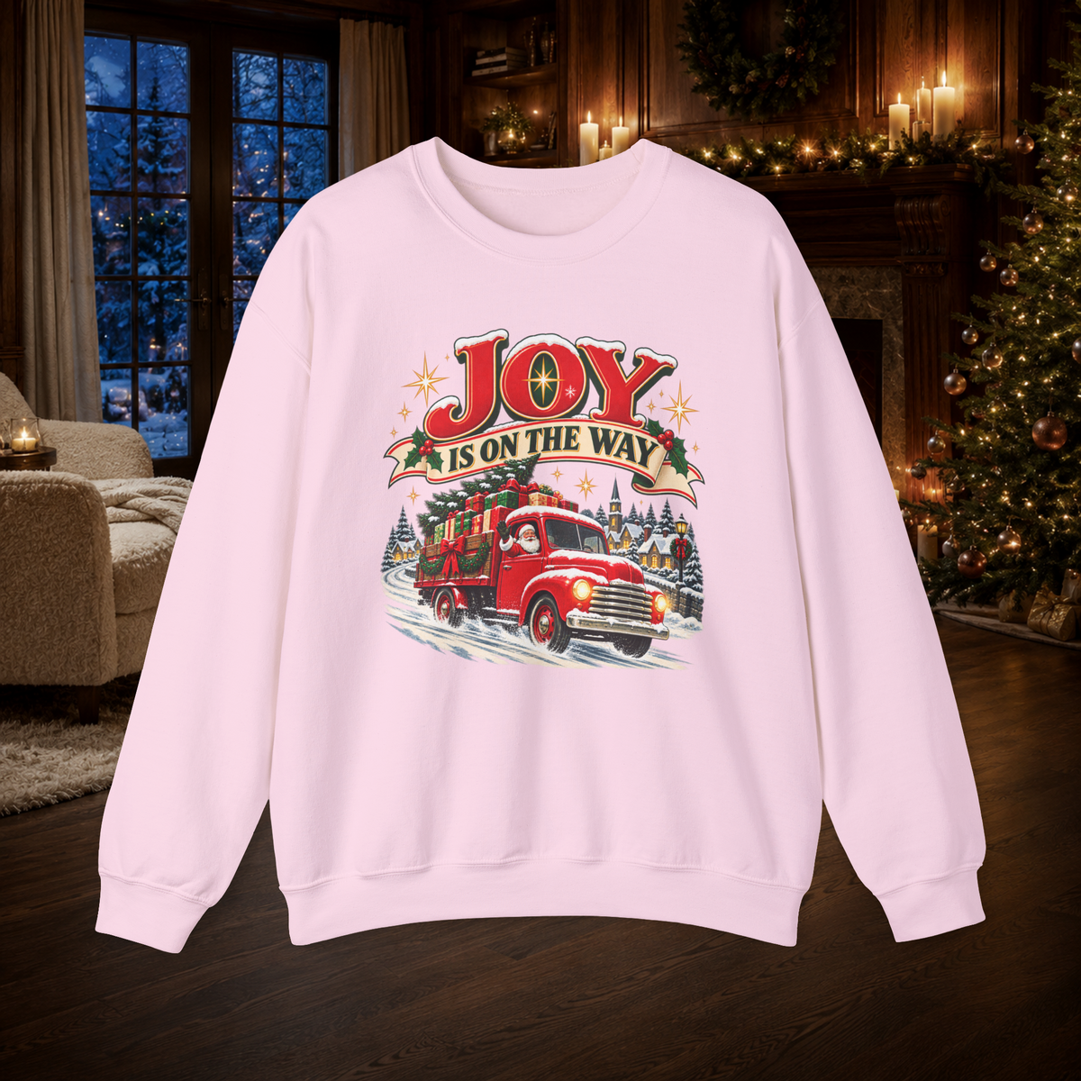 Adult Unisex Sweatshirt Joy Is On The Way Christmas — Vintage Red Truck Holiday Crewneck - Sweatshirt - Image 8