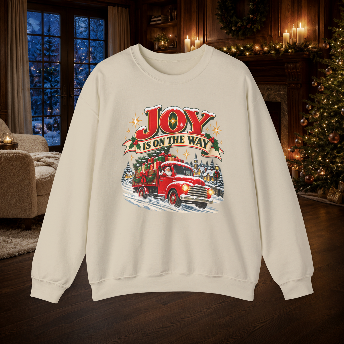Adult Unisex Sweatshirt Joy Is On The Way Christmas — Vintage Red Truck Holiday Crewneck - Sweatshirt - Image 4