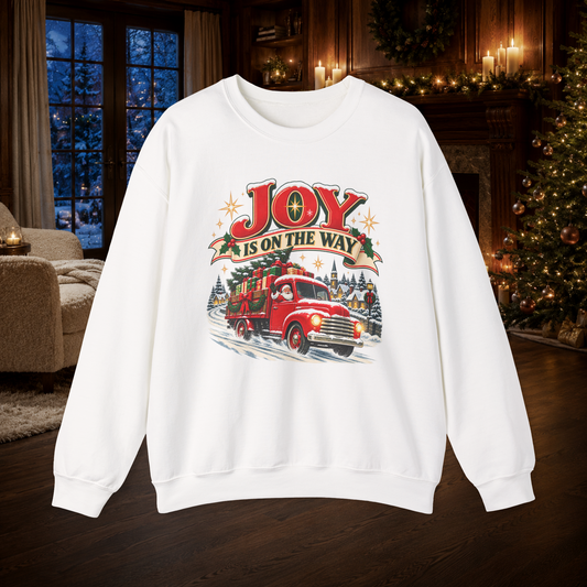 Adult Unisex Sweatshirt Joy Is On The Way Christmas — Vintage Red Truck Holiday Crewneck - Sweatshirt - Image 2