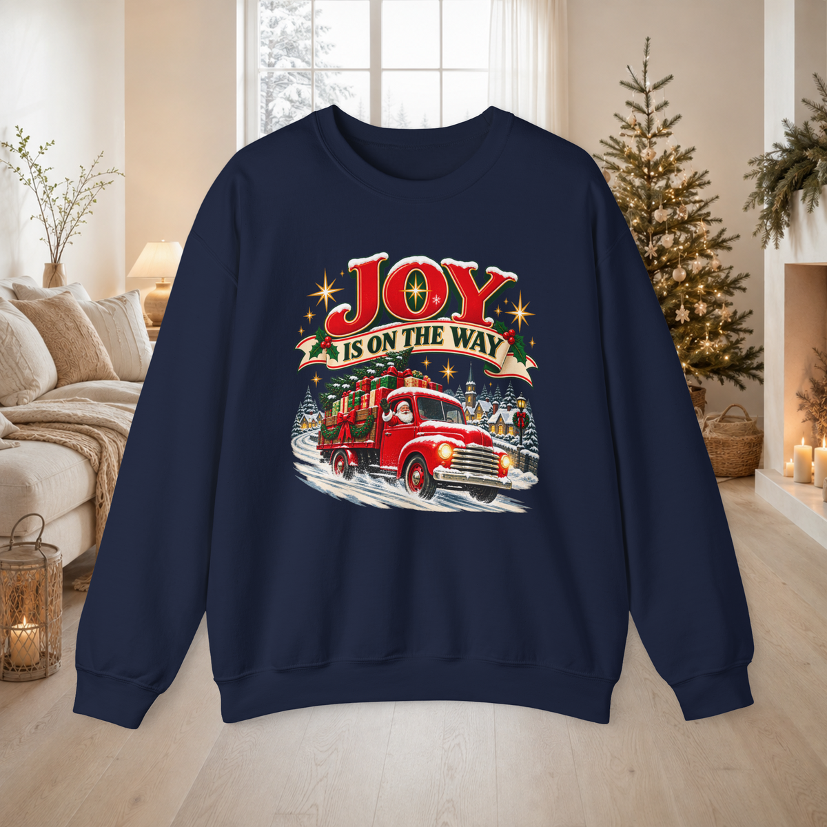 Adult Unisex Sweatshirt Joy Is On The Way Christmas — Vintage Red Truck Holiday Crewneck - Sweatshirt - Image 7