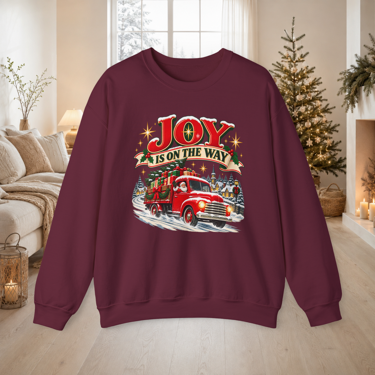 Adult Unisex Sweatshirt Joy Is On The Way Christmas — Vintage Red Truck Holiday Crewneck - Sweatshirt - Image 6