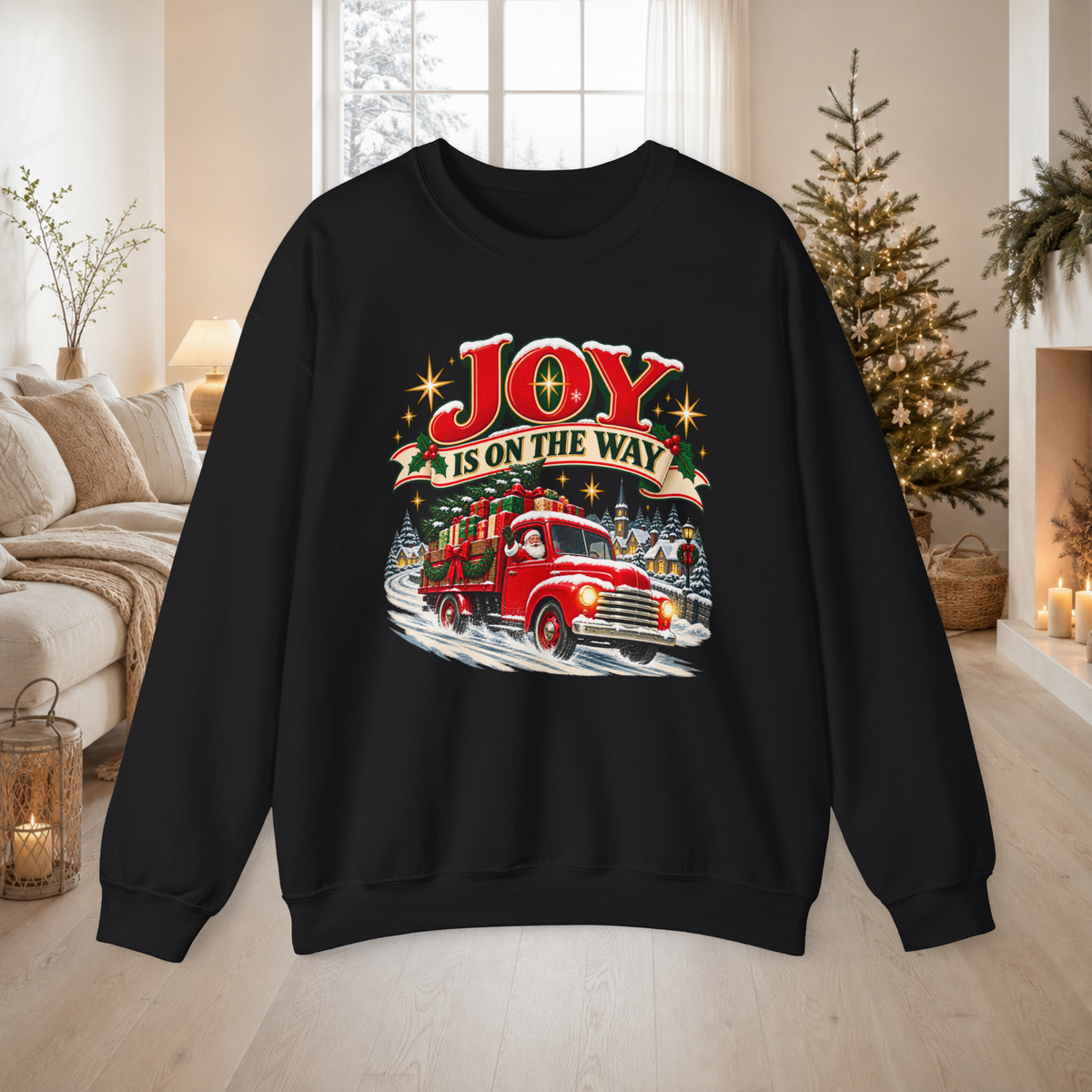 Adult Unisex Sweatshirt Joy Is On The Way Christmas — Vintage Red Truck Holiday Crewneck - Sweatshirt - Image 3