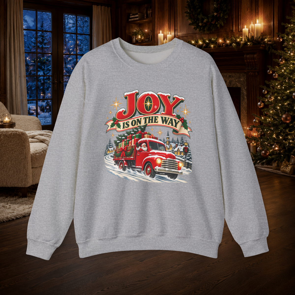 Adult Unisex Sweatshirt Joy Is On The Way Christmas — Vintage Red Truck Holiday Crewneck - Sweatshirt - Image 5