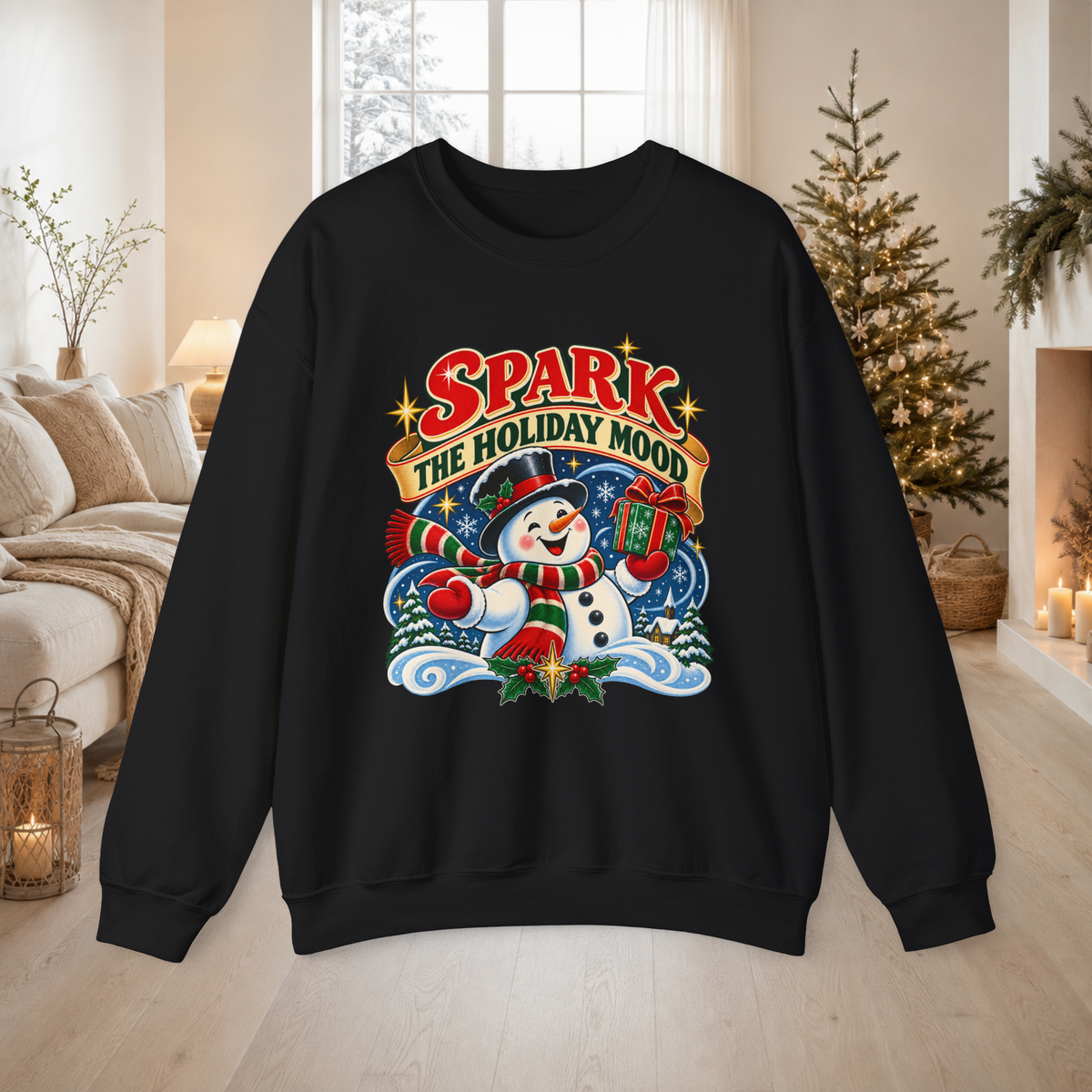 Unisex Adult Spark the Holiday Mood Christmas Sweatshirt — Vintage Snowman Crewneck - Sweatshirt - Image 2