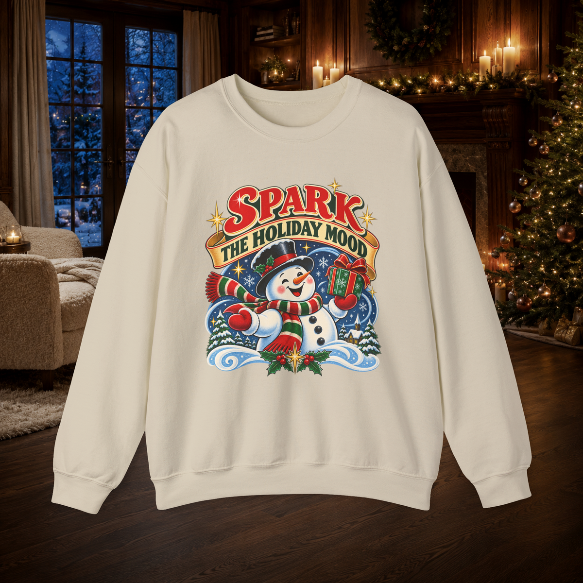 Unisex Adult Spark the Holiday Mood Christmas Sweatshirt — Vintage Snowman Crewneck - Sweatshirt - Image 3