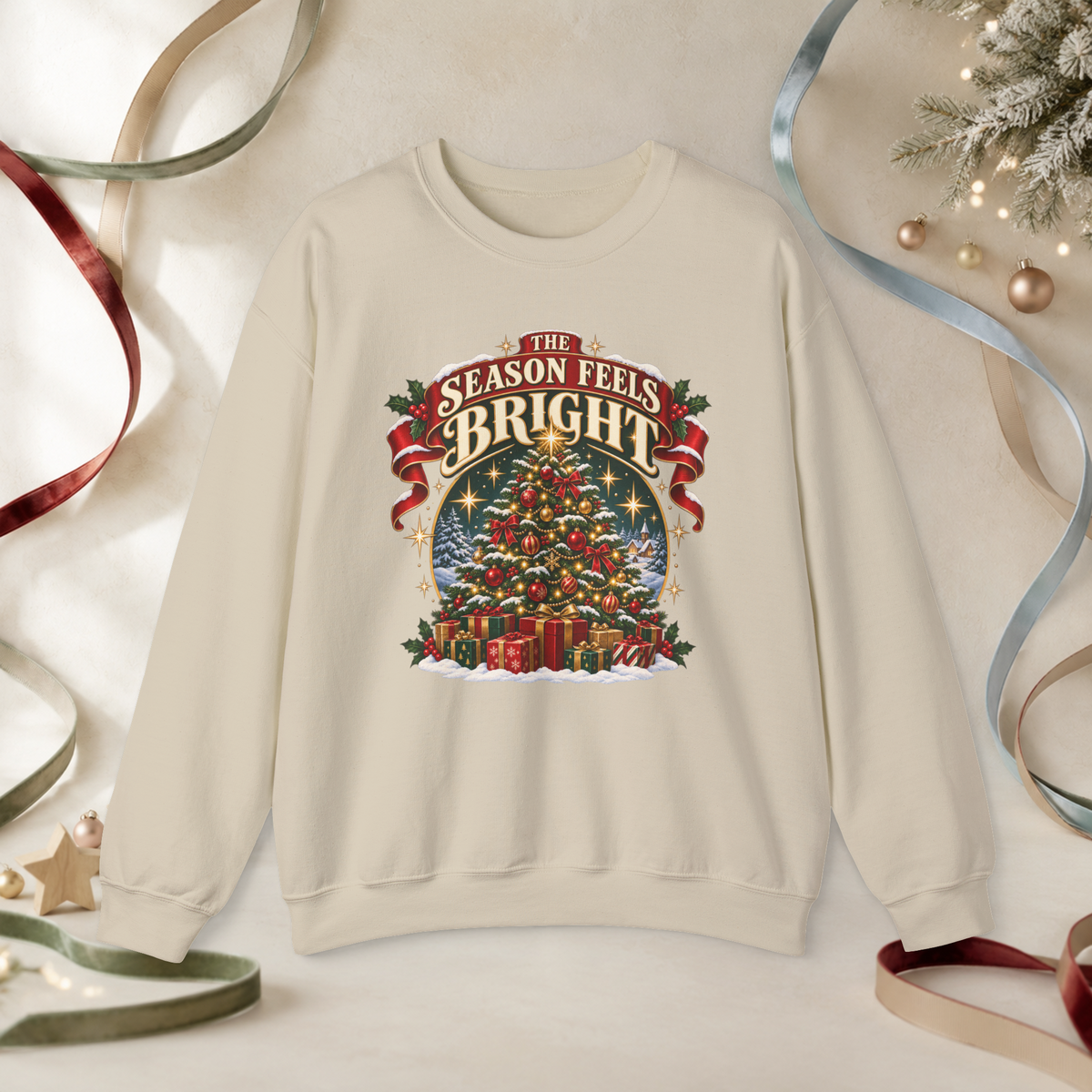 Unisex Adult The Season Feels Bright Christmas Sweatshirt — Retro Holiday Tree Crewneck - Sweatshirt - Image 4