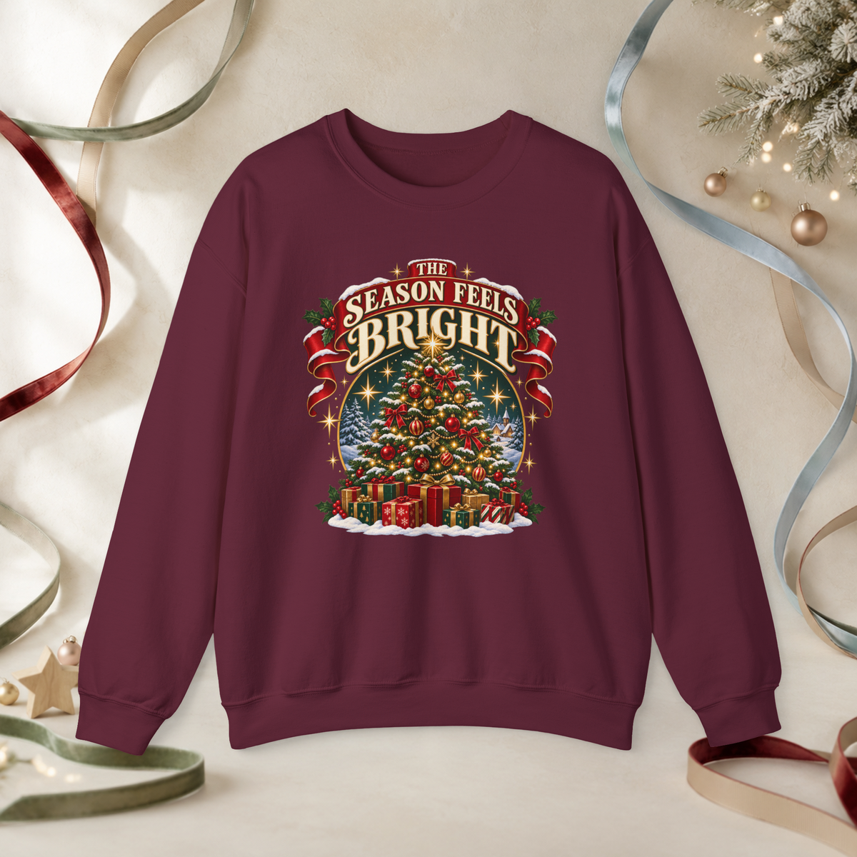Unisex Adult The Season Feels Bright Christmas Sweatshirt — Retro Holiday Tree Crewneck - Sweatshirt - Image 5