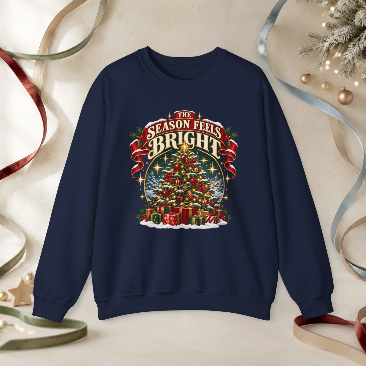 Unisex Adult The Season Feels Bright Christmas Sweatshirt — Retro Holiday Tree Crewneck - Sweatshirt - Image 1