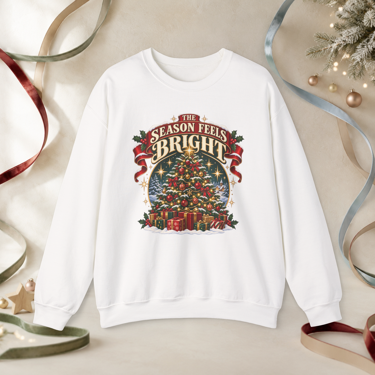 Unisex Adult The Season Feels Bright Christmas Sweatshirt — Retro Holiday Tree Crewneck - Sweatshirt - Image 2