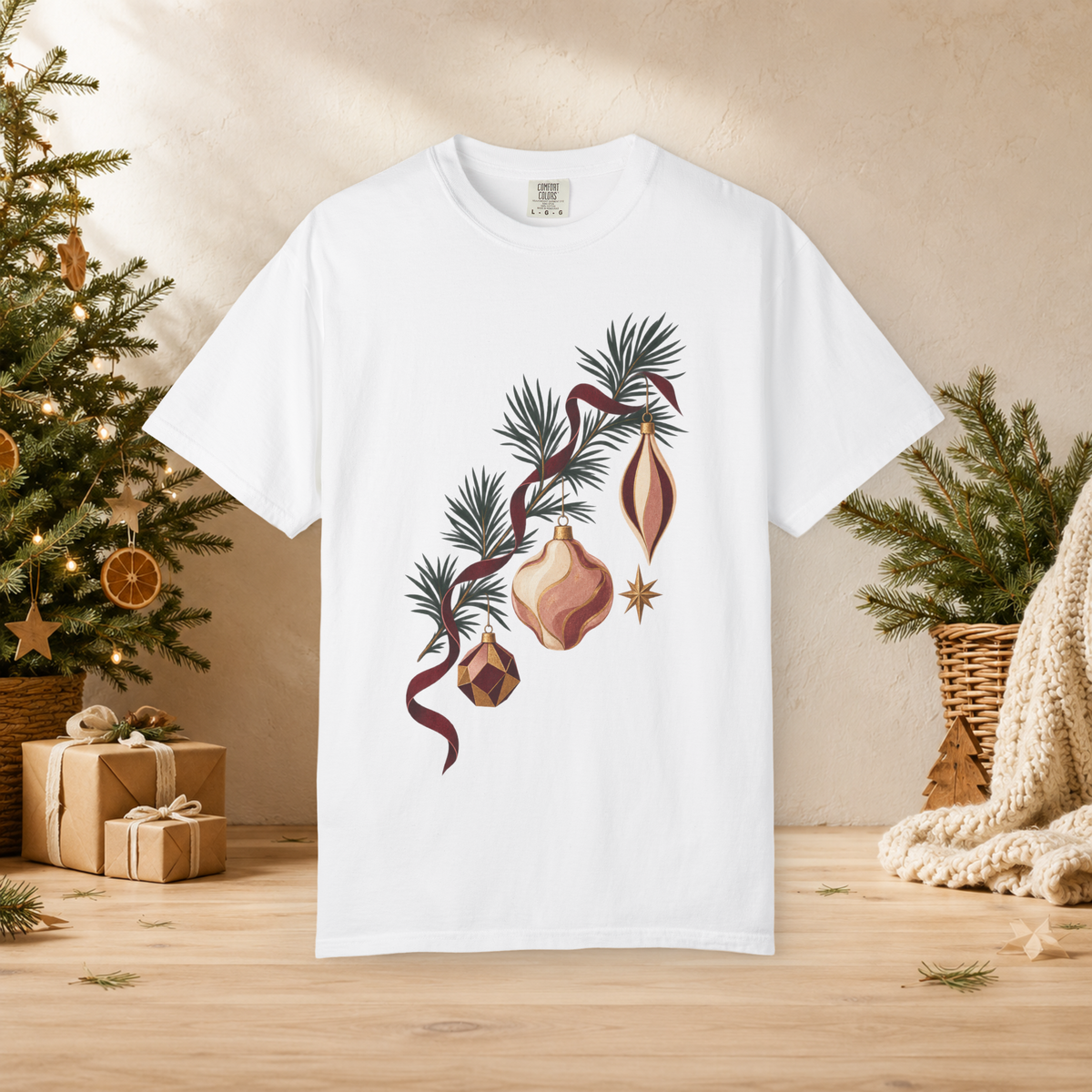 Unisex Adult Christmas Ornament T-Shirt — Vintage Pine Branch Holiday Tee - T-Shirt - Image 2
