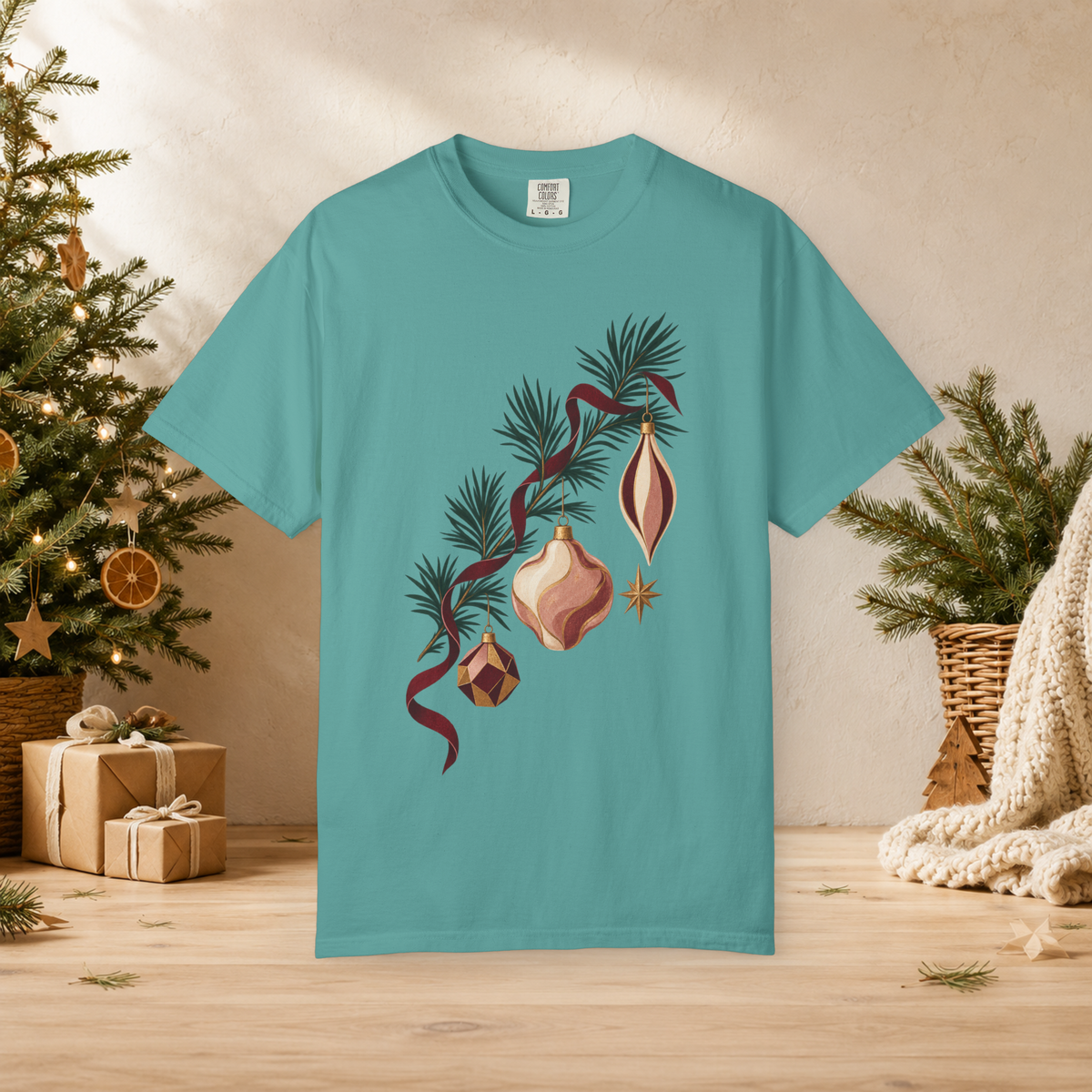 Unisex Adult Christmas Ornament T-Shirt — Vintage Pine Branch Holiday Tee - T-Shirt - Image 5