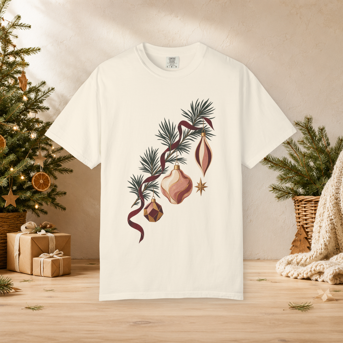 Unisex Adult Christmas Ornament T-Shirt — Vintage Pine Branch Holiday Tee - T-Shirt - Image 3