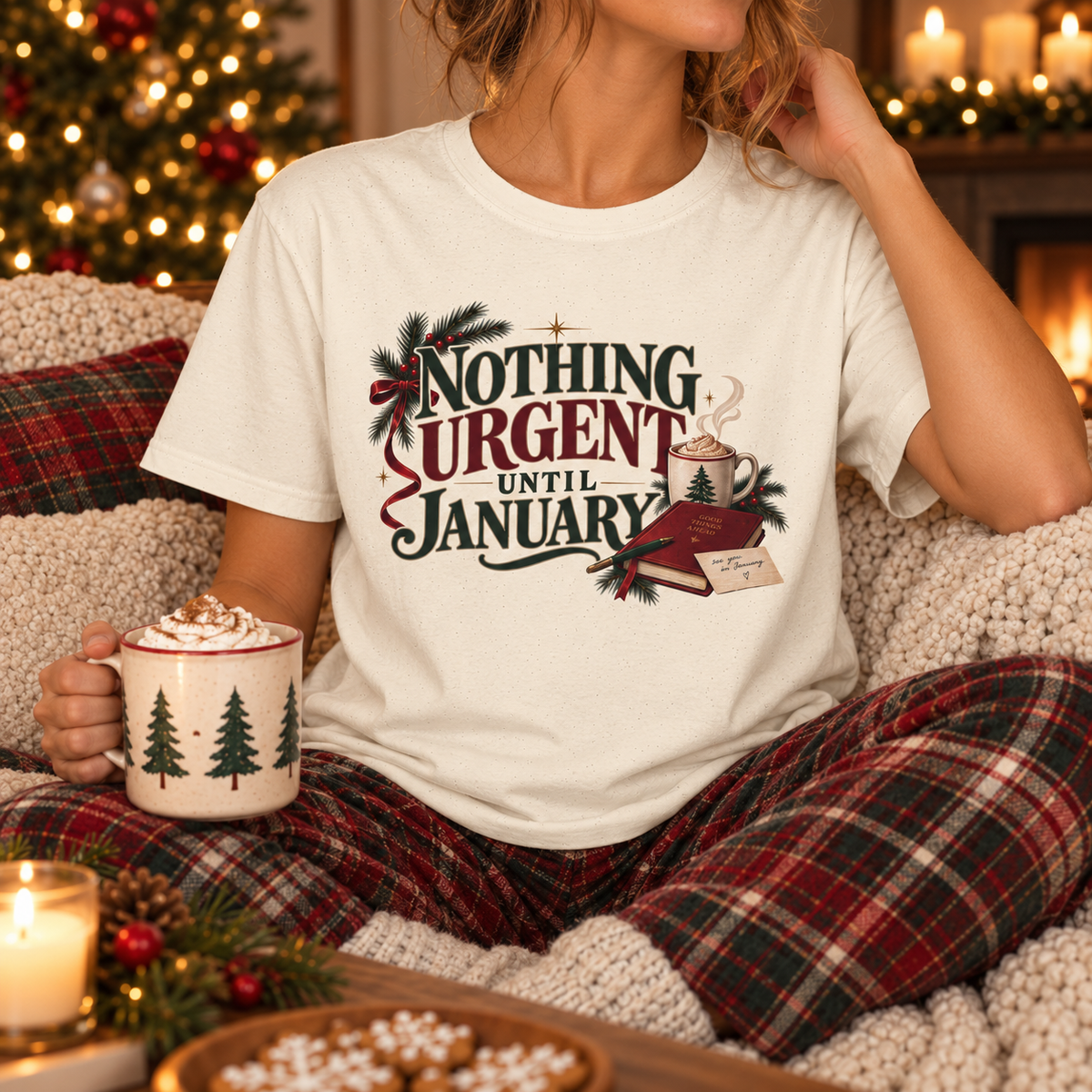 Unisex Adult Christmas T-Shirt – Nothing Urgent Until January Holiday Graphic Tee - T-Shirt - Image 1
