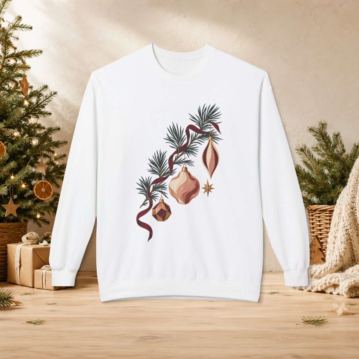 Unisex Adult Christmas Ornament Sweatshirt — Vintage Pine Branch Holiday Crewneck - Sweatshirt - Image 2