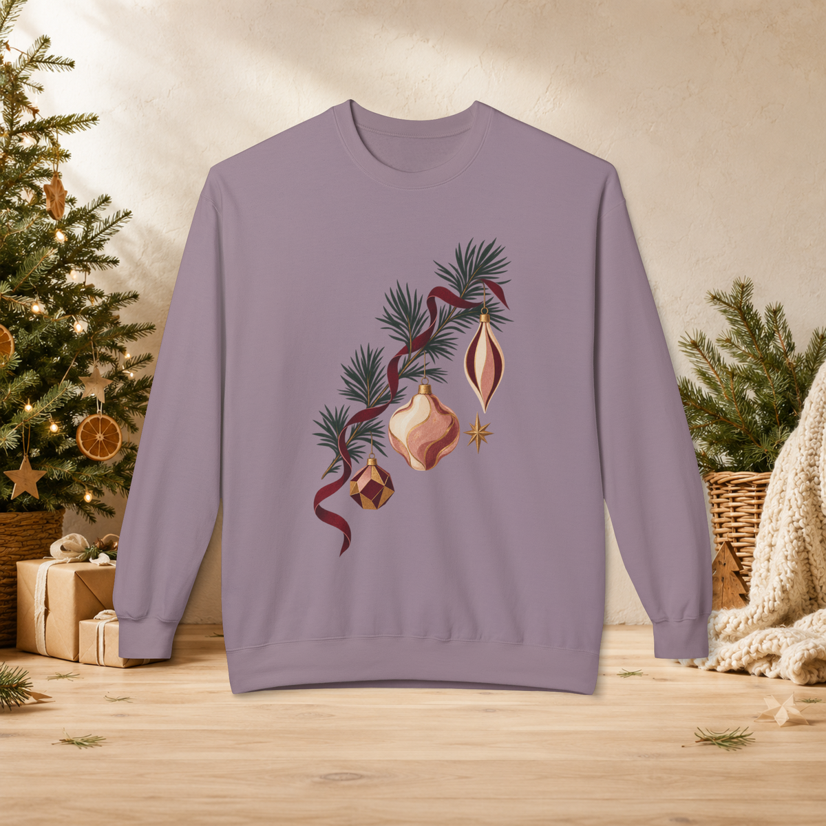 Unisex Adult Christmas Ornament Sweatshirt — Vintage Pine Branch Holiday Crewneck - Sweatshirt - Image 8