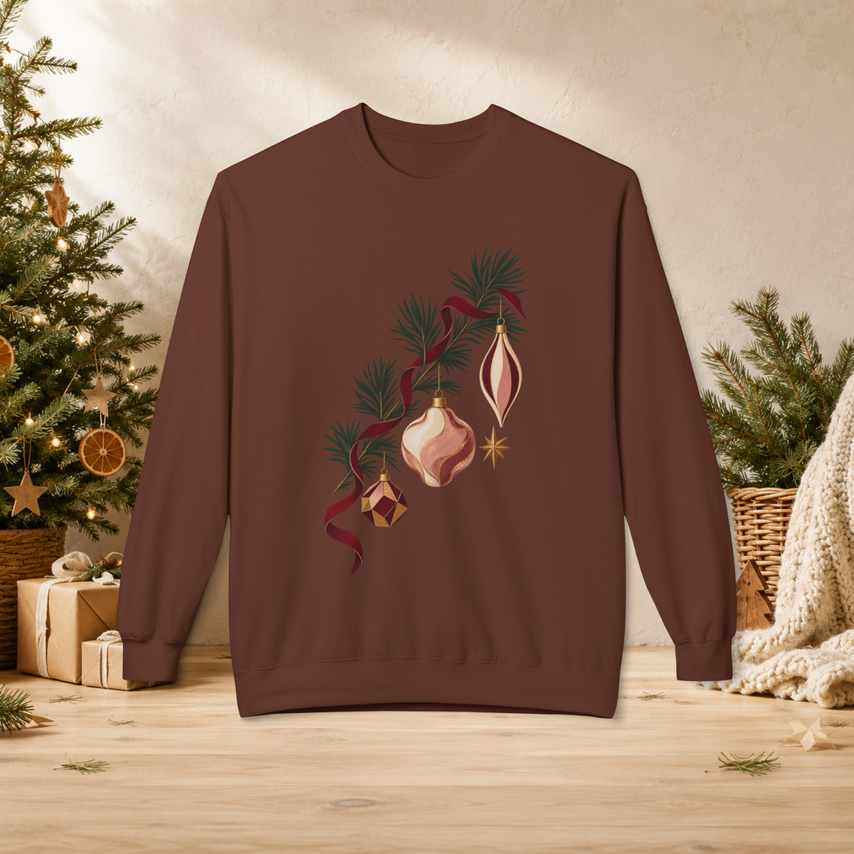 Unisex Adult Christmas Ornament Sweatshirt — Vintage Pine Branch Holiday Crewneck - Sweatshirt - Image 3