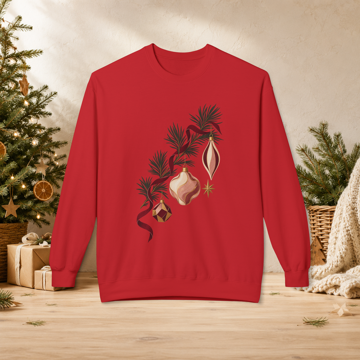 Unisex Adult Christmas Ornament Sweatshirt — Vintage Pine Branch Holiday Crewneck - Sweatshirt - Image 9