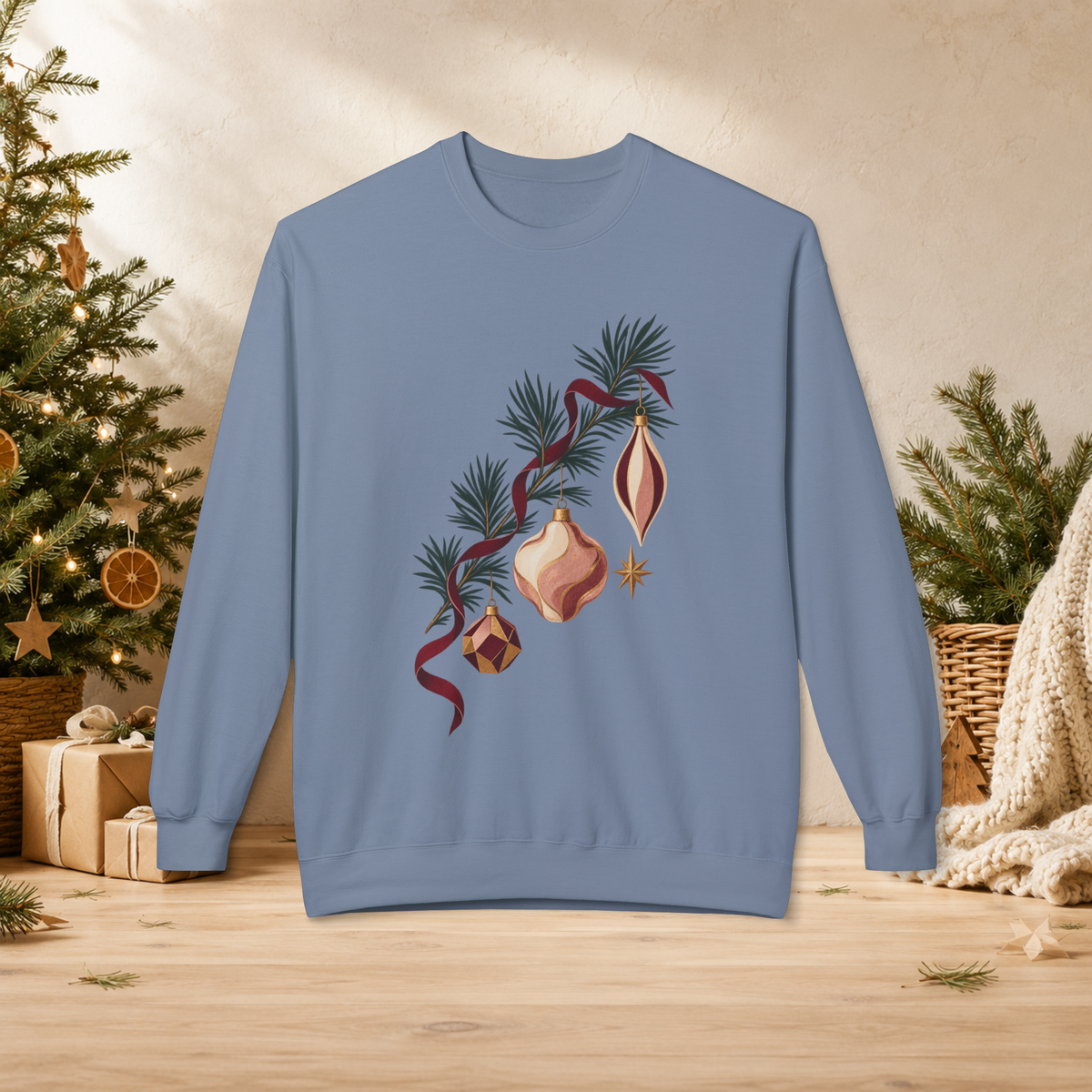Unisex Adult Christmas Ornament Sweatshirt — Vintage Pine Branch Holiday Crewneck - Sweatshirt - Image 6