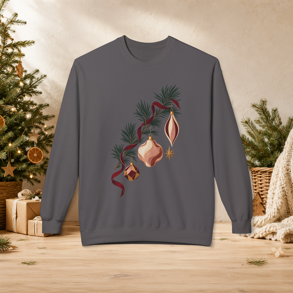 Unisex Adult Christmas Ornament Sweatshirt — Vintage Pine Branch Holiday Crewneck - Sweatshirt - Image 7