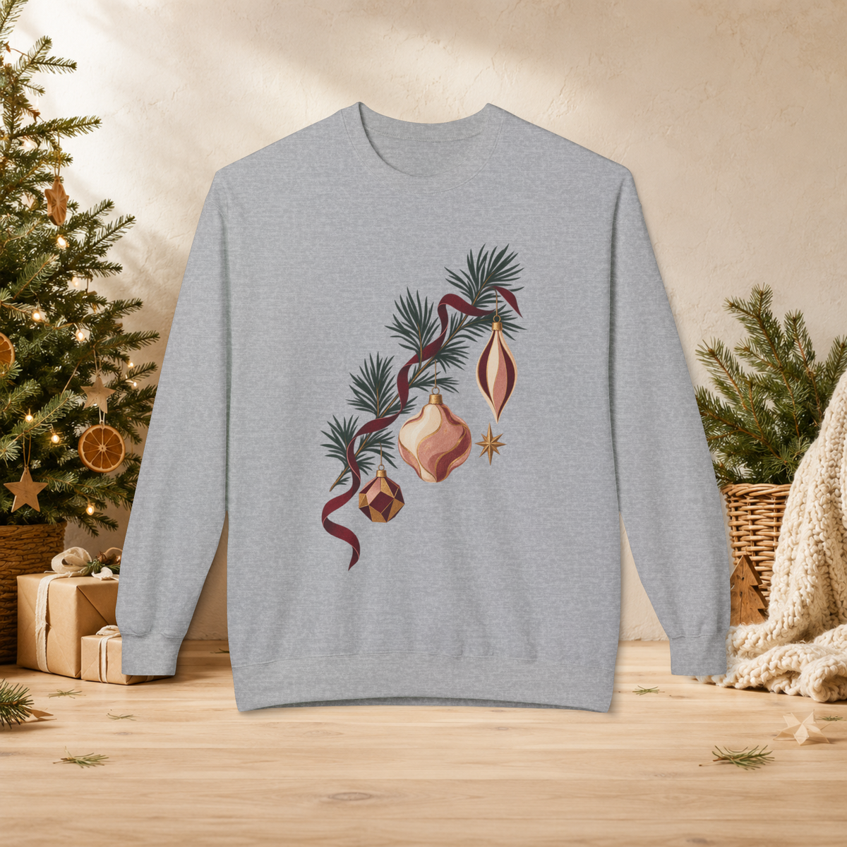 Unisex Adult Christmas Ornament Sweatshirt — Vintage Pine Branch Holiday Crewneck - Sweatshirt - Image 4