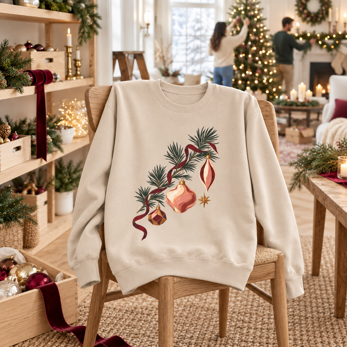 Unisex Adult Christmas Ornament Sweatshirt — Vintage Pine Branch Holiday Crewneck - Sweatshirt - Image 1