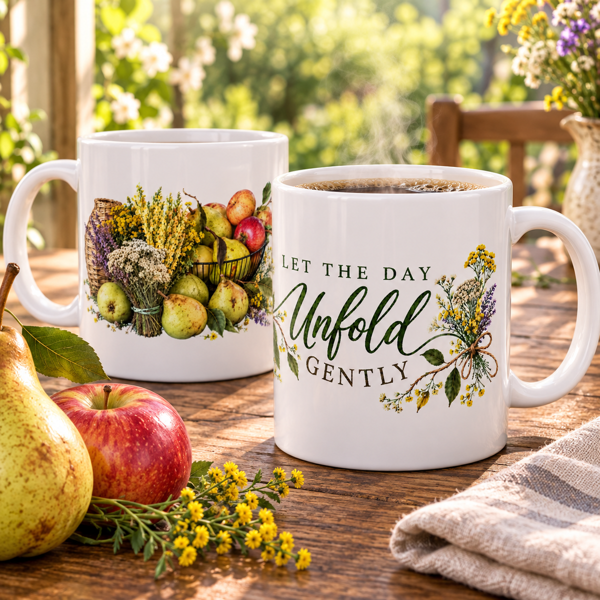 “Let the Day Unfold Gently” Mug – Floral Pear Harvest Ceramic Coffee Cup, 11oz - Mug - Image 1