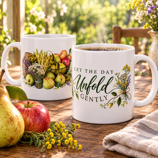 “Let the Day Unfold Gently” Mug – Floral Pear Harvest Ceramic Coffee Cup, 11oz - Mug - Image 1