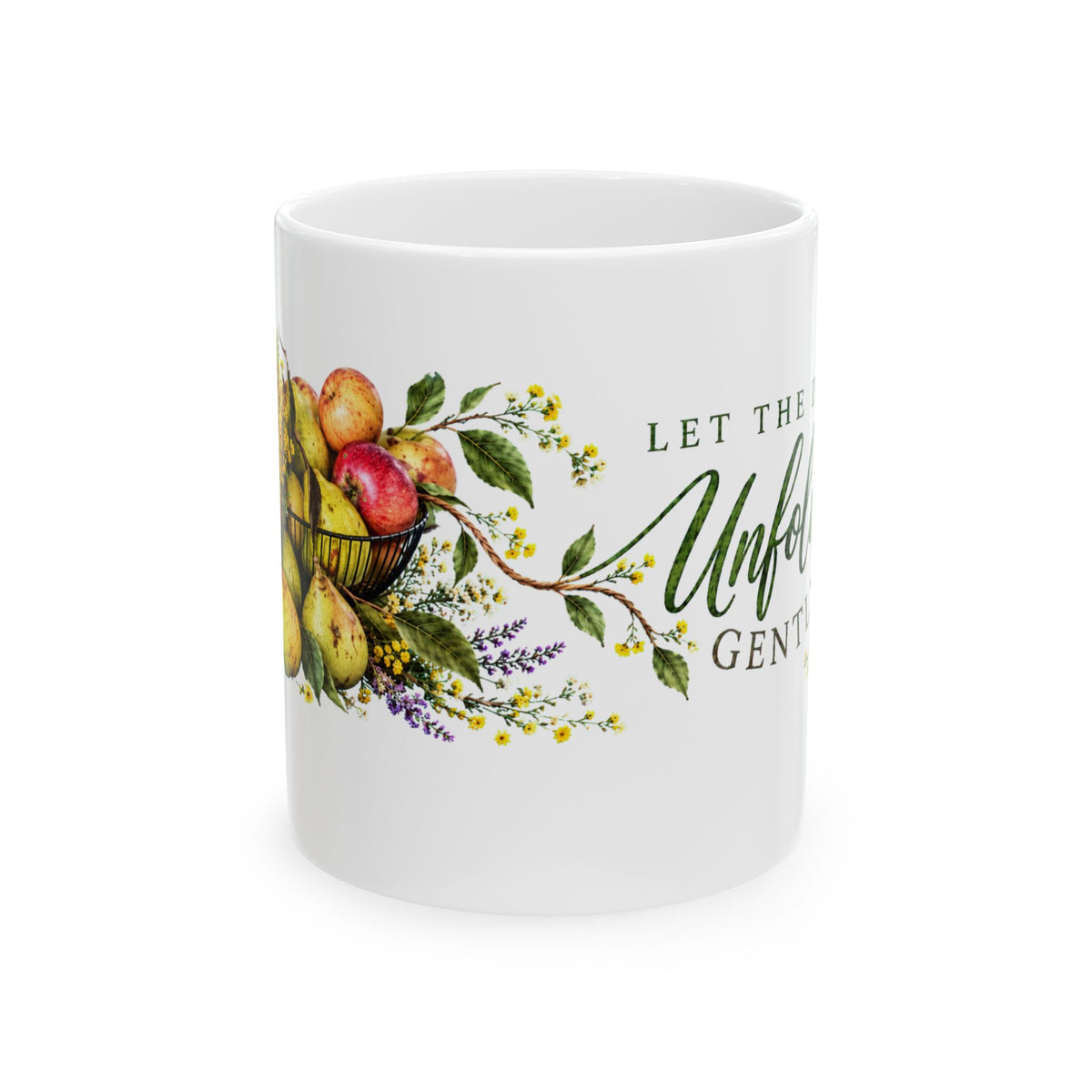 “Let the Day Unfold Gently” Mug – Floral Pear Harvest Ceramic Coffee Cup, 11oz - Mug - Image 3
