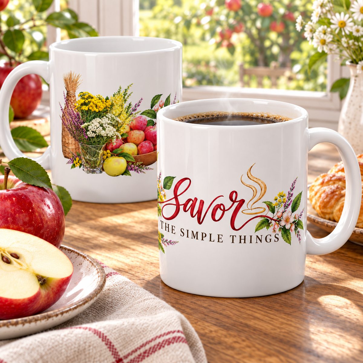 “Savor the Simple Things” Mug – Rustic Apple and Floral Ceramic Coffee Cup, 11oz - Mug - Image 1